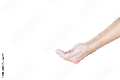 Man hand gesture holding something like a sand, soil, coins isolated on white background with clipping path.