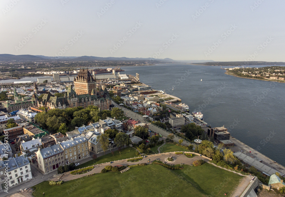 Aerial helicopter view of Chateau Frontenac hotel and Old Port in Quebec City Canada.