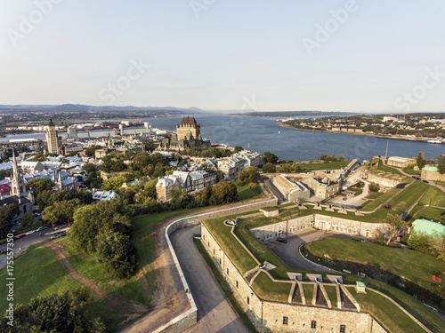 Aerial helicopter view of Chateau Frontenac hotel and Old Port in Quebec City Canada.