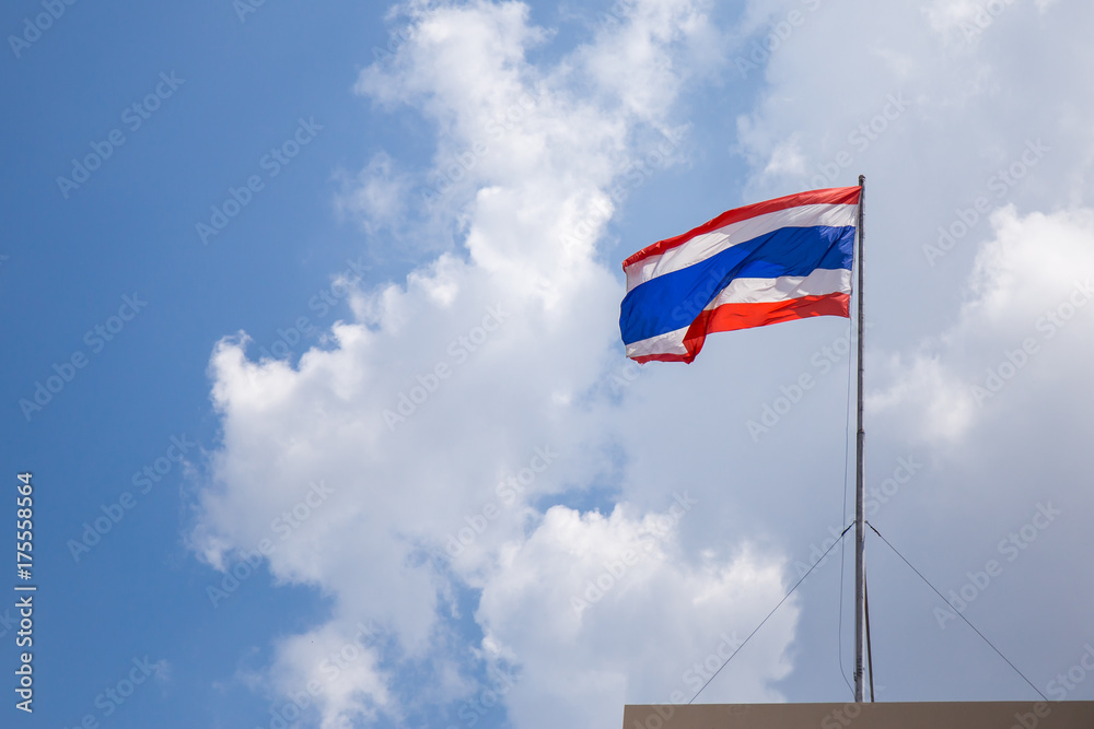 Thailand flag with blue sky and clouds.
