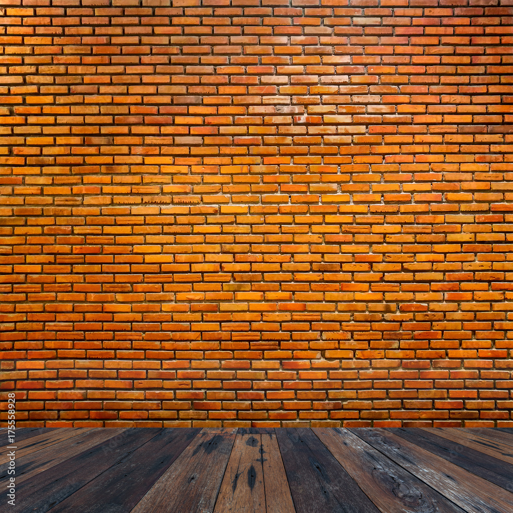Fototapeta premium Room with red brick clay stone wall with wooden plank floor for product display.