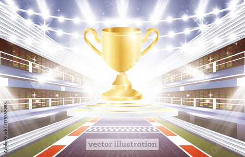 Race Track Arena with Spotlights, Finish Line and Golden Cup.