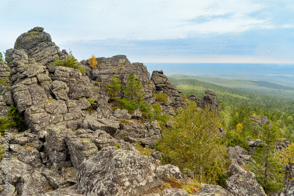 Rocks on mountain Kachkanar. The Urals. Russia