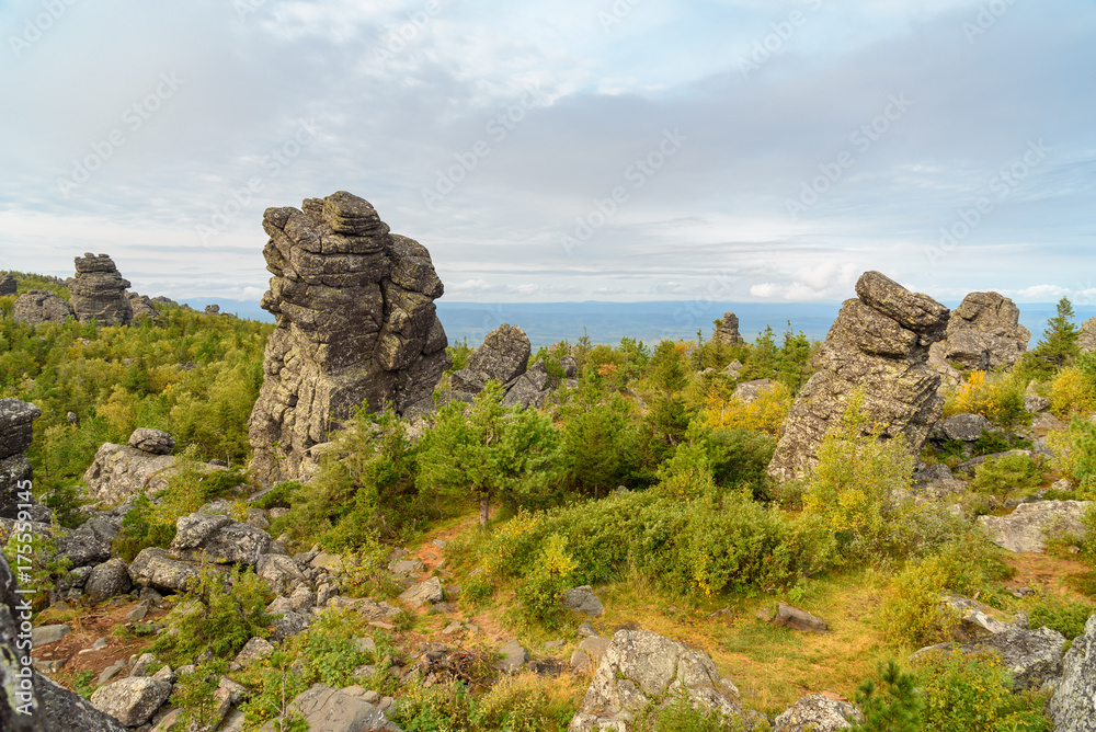 Rocks on mountain Kachkanar. The Urals. Russia