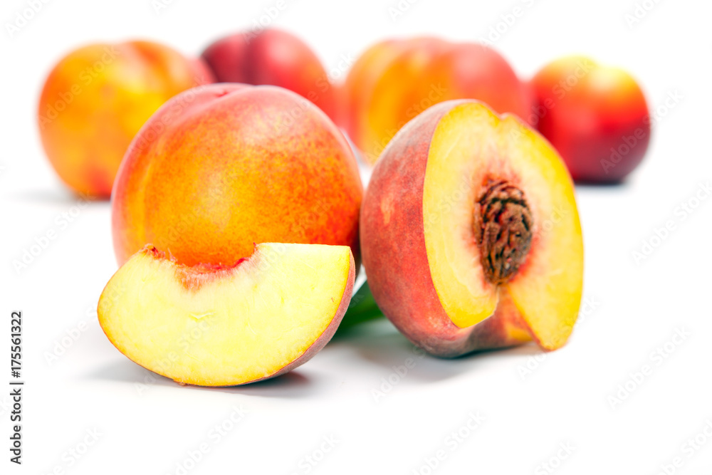 fresh whole peaches with cut, isolated on white background fresh whole peaches with cut, isolated on white background