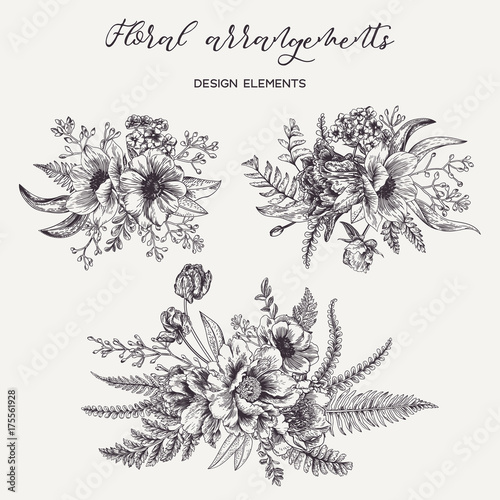 Set with bouquets of flowers.