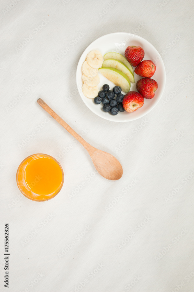 Fresh fruits and orange juice Fresh fruits and orange juice