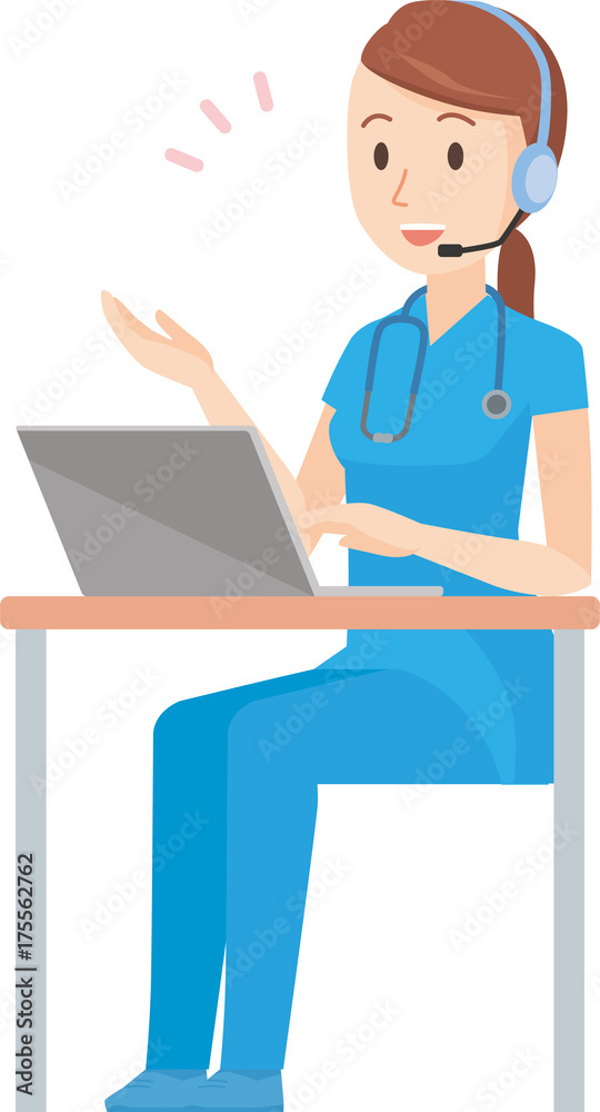 Illustration in which a nurse wearing a blue scrub is talking with a headset Illustration in which a nurse wearing a blue scrub is talking with a headset