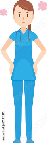 An illustration of a nurse wearing a blue scrub is angry