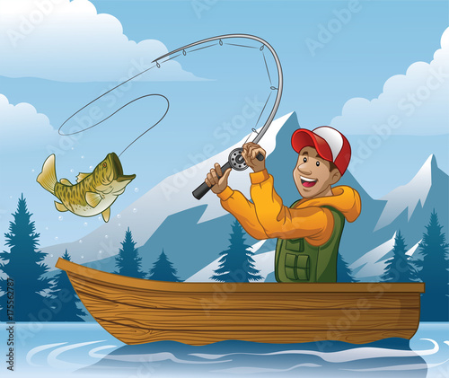 cartoon of man fishing in boat