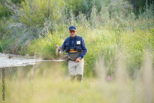 Fly fisherman fishing in river of Montana state
