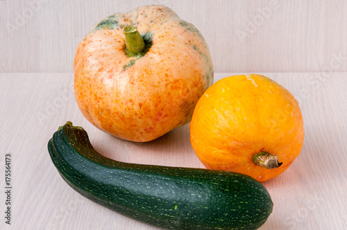 Large and small pumpkins and green zucchini