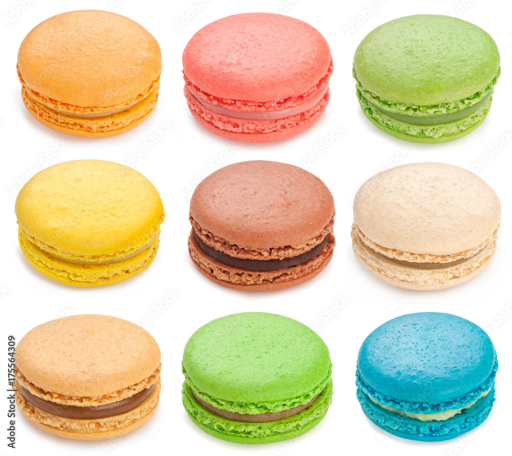 Colorful macarons isolated on white background.