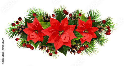 Christmas line arrangement with pine twigs, cones, and poinsettia flowers