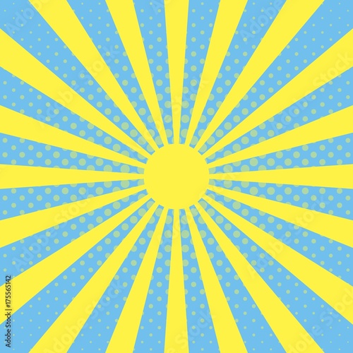 Pop art background with sun beam rays on a blue sky background  halftone effect  vector beam  the rays of sun blast  radiant shine  pop art vintage banner