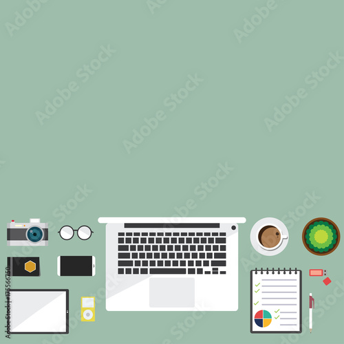 Top view of table working and working desk and free space for text with accessory on the table, laptop, notebook, phone, camera, pen, coffee cup, glasses, flowerpot, wallet, flash drive, tablet