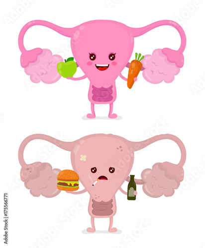 Sad unhealthy sick uterus with bottle of alcohol 