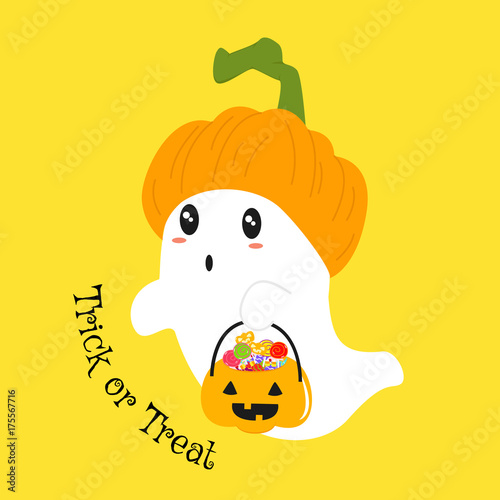 a cute ghost wearing pumpkin hat for Halloween party, carrying a pumpkin bucket full of candies. Halloween cartoon vector