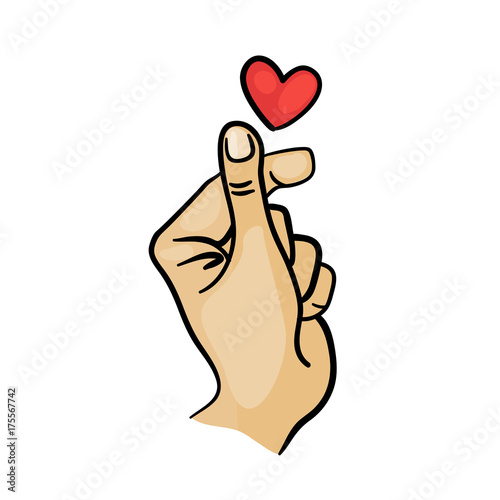 Korean Finger Heart I Love You Hangul. Vector illustration. Korean symbol hand heart, a message of love hand gesture.