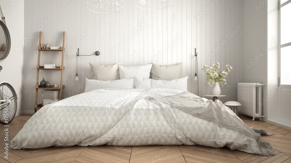 Fototapeta premium Scandinavian minimalist bedroom with big window and herringbone parquet, white interior design, close-up