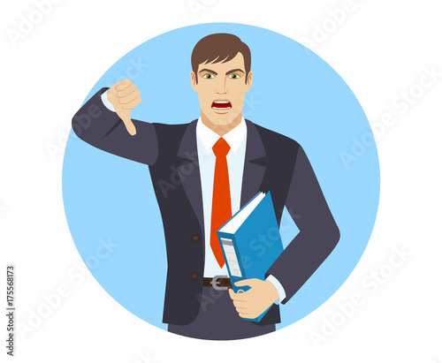 Businessman holding a folder and showing thumb down gesture as rejection symbol