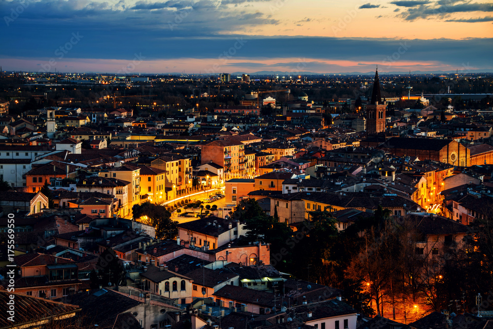 Aerial view of famous touristic city Verona in Italy at sunset