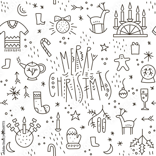 Vector monoline seamless pattern of cute Christmas symbols with trendy lettering on a white background. photo