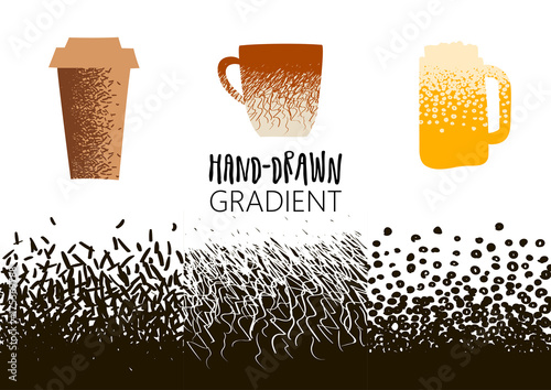 Vector hand drawn halftone gradients for creation of color and light transitions. Seamless on both sides. An example of use for painting beverages.