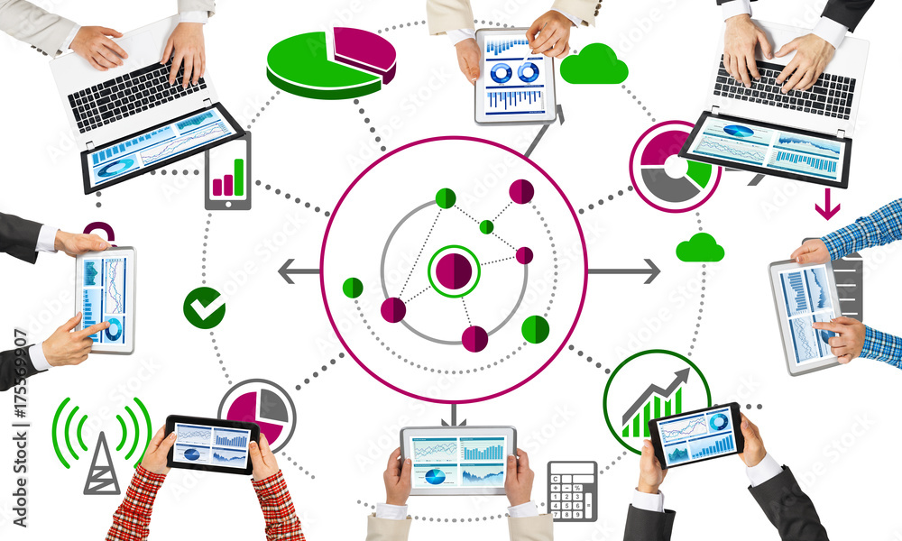 Fototapeta premium Top view of businesspeople sitting at table and using gadgets