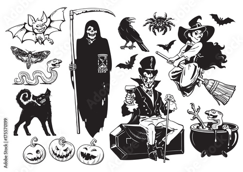 Big set of Halloween objects.