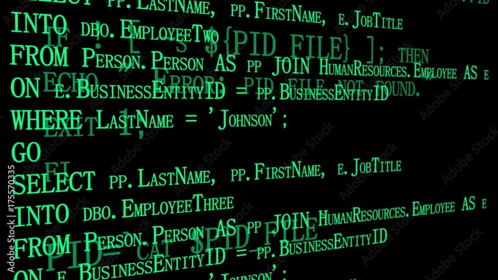 Software source programming code on a black computer screen. Developer working on program codes in office. Technology background. Two layers with different codes. Ready for overlay. Side angle view.
