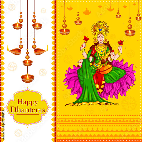 Goddess lakshmi sitting on lotus for Happy Diwali festival holiday celebration of India greeting background © stockshoppe