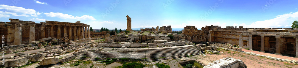 aerial panorama of Ruins of Jupiter temple and great court of Heliopolis at Baalbek, Bekaa valley Lebanon
