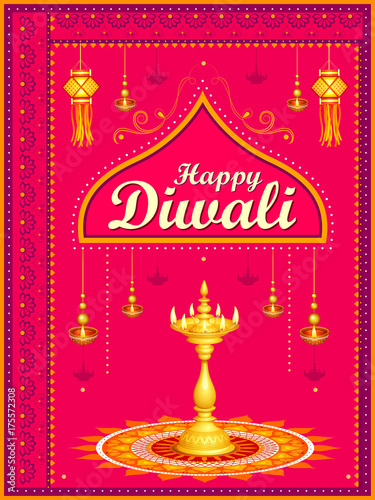 Decorated Diya for Happy Diwali festival holiday celebration of India greeting background
