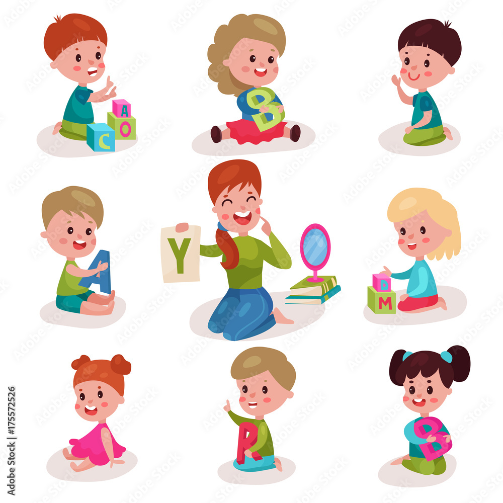 Cute little boys and girls learning letters with speech therapist set, kids  learning through fun and play colorful cartoon vector Illustrations Stock  Vector | Adobe Stock