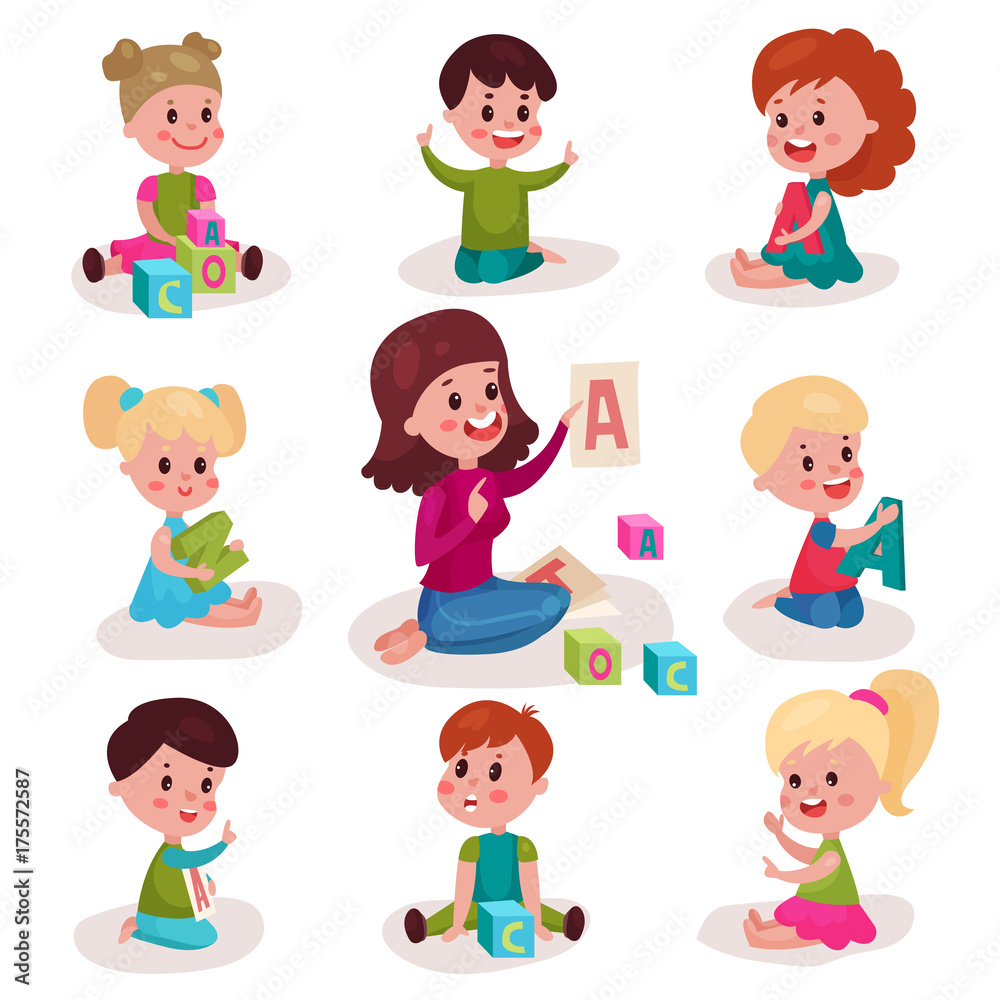 Cute little boys and girls learning letters with their teacher set, kids learning through fun and play colorful cartoon vector Illustrations Cute little boys and girls learning letters with their teacher set, kids learning through fun and play colorful cartoon vector Illustrations