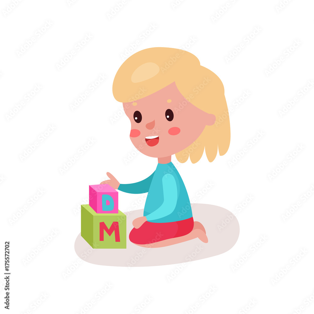 Cute blonde little girl sitting on the floor playing with block toys, kid learning through fun and play colorful cartoon vector Illustration