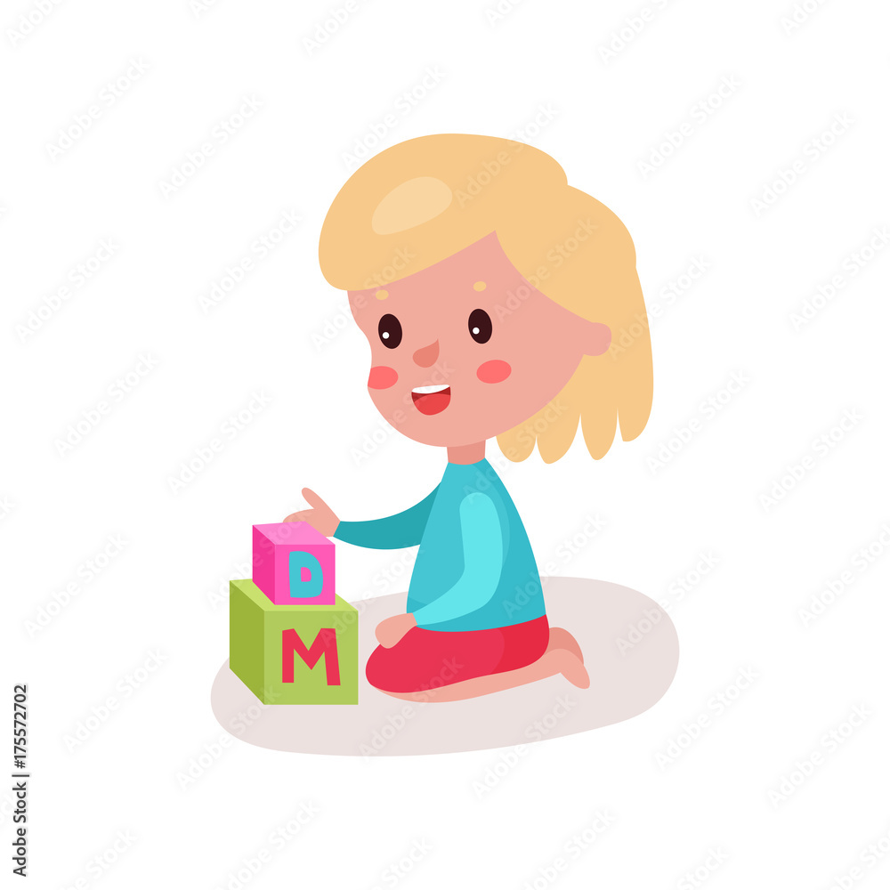 Cute blonde little girl sitting on the floor playing with block toys, kid learning through fun and play colorful cartoon vector Illustration Cute blonde little girl sitting on the floor playing with block toys, kid learning through fun and play colorful cartoon vector Illustration