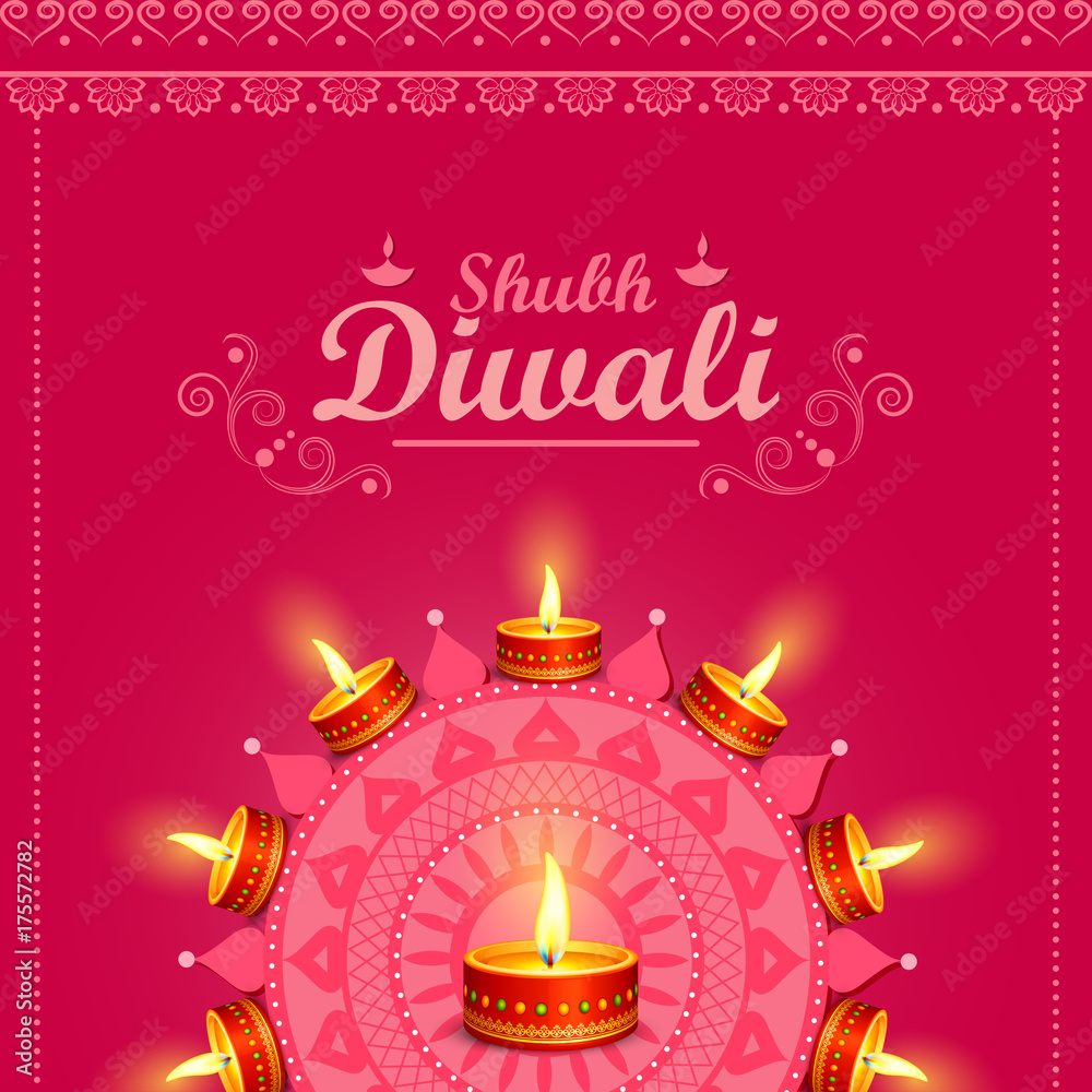 Naklejka premium Decorated Diya for Happy Diwali festival holiday celebration of India greeting background