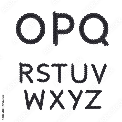 Alphabet from braids, letters from O to Z. Isolated vector objects on white background.
