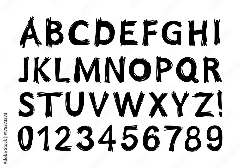 Hand drawn alphabet with numerals. Scary font with scratches for halloween cards and posters. Vector illustration.