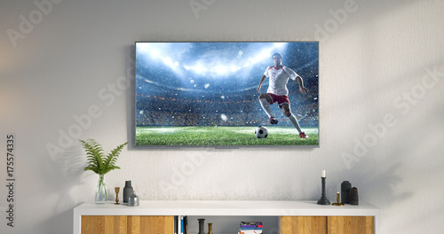 3D illustration of a living room led tv on white wall showing soccer game moment . photo
