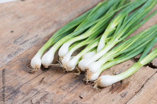 Pile of fresh spring onion on wood table