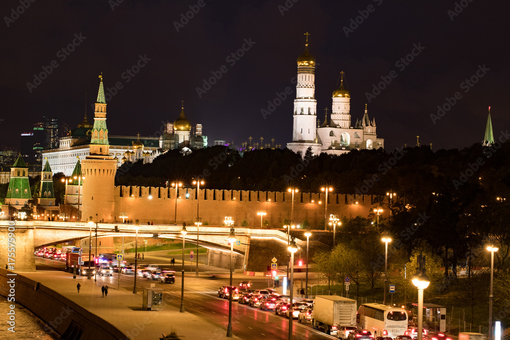 Beautiful View On At Night Moscow Kremlin. Photographed From Embankment Of Moscow River.