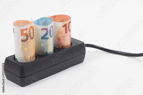 Euro bill, power strip and electricity cost