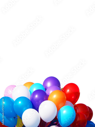 Colorful balloons bunch filled with helium isolated on white vertical background. Bunch of red, blue, white, pink, yellow, orange and violet balloons