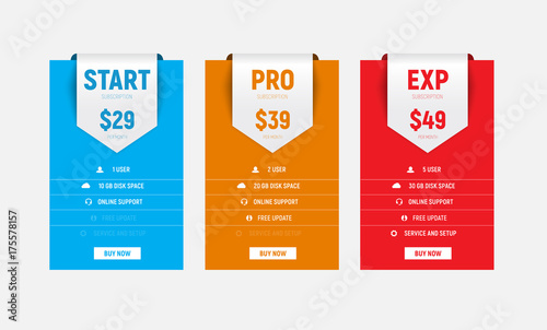 template of vector multicolored price tables with an arrow-ribbon for the title