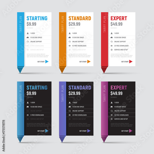 set of white and black price table templates with a colored stem in origami styles