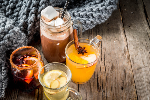 Bilde på lerret Selection of various autumn traditional drinks: hot chocolate with marshmallow, tea with lemon and ginger, white pumpkin spicy sangria, mulled wine