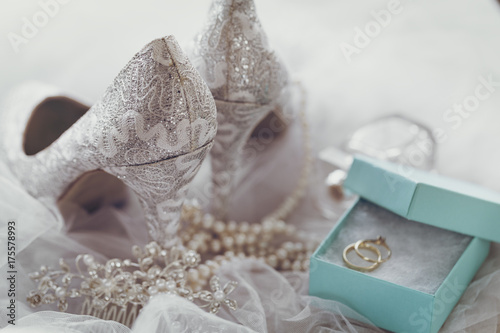 Valokuvatapetti Wedding shoes and bridal accessories